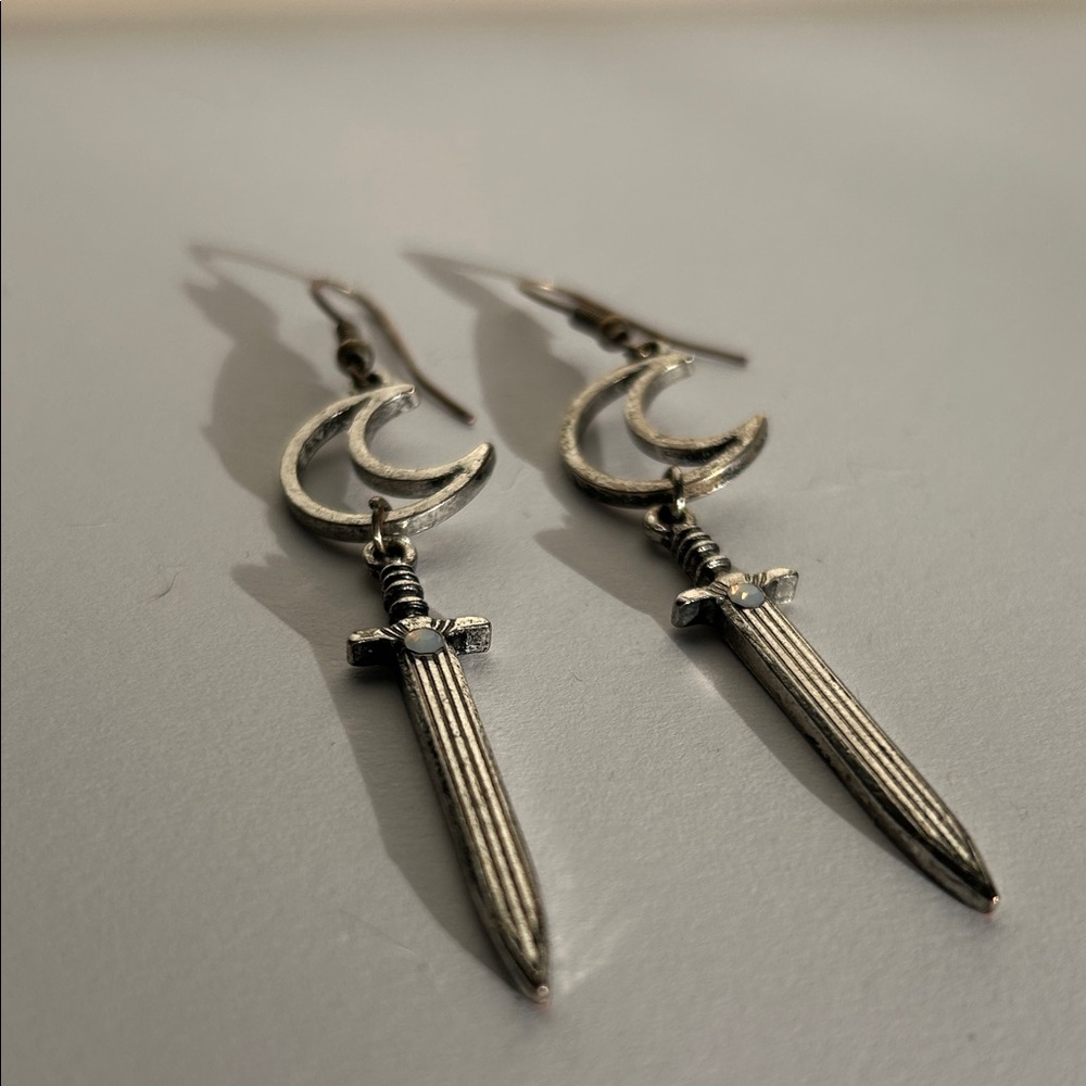 Silver tone Crescent moon and Sword drop Earrings with faux moonstone - Picture 3 of 3
